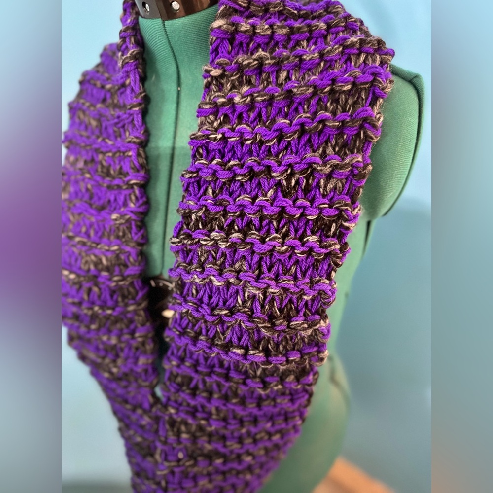 Handmade Hand Crafted Knit infinity scarf purple and black charcoal - Picture 2 of 3